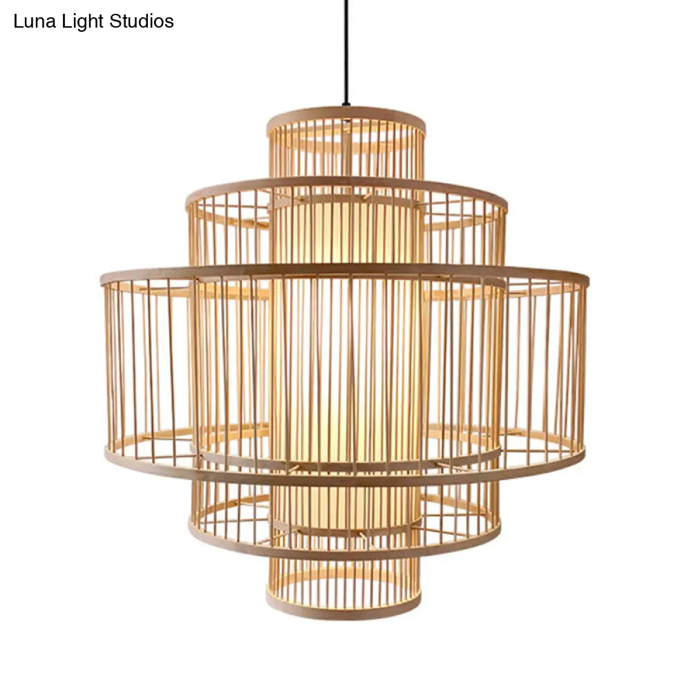 Single-Head Asian Bamboo Hanging Light For Restaurants - 3 Shades 16-31.5 Inches Wide Beige