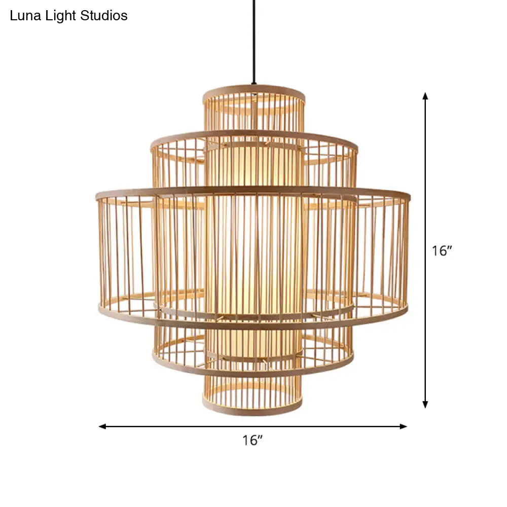 Bamboo 3-Shade Hanging Light: Asian Ceiling Pendant (1 Head) In Beige Available 16/23.5/31.5 Width
