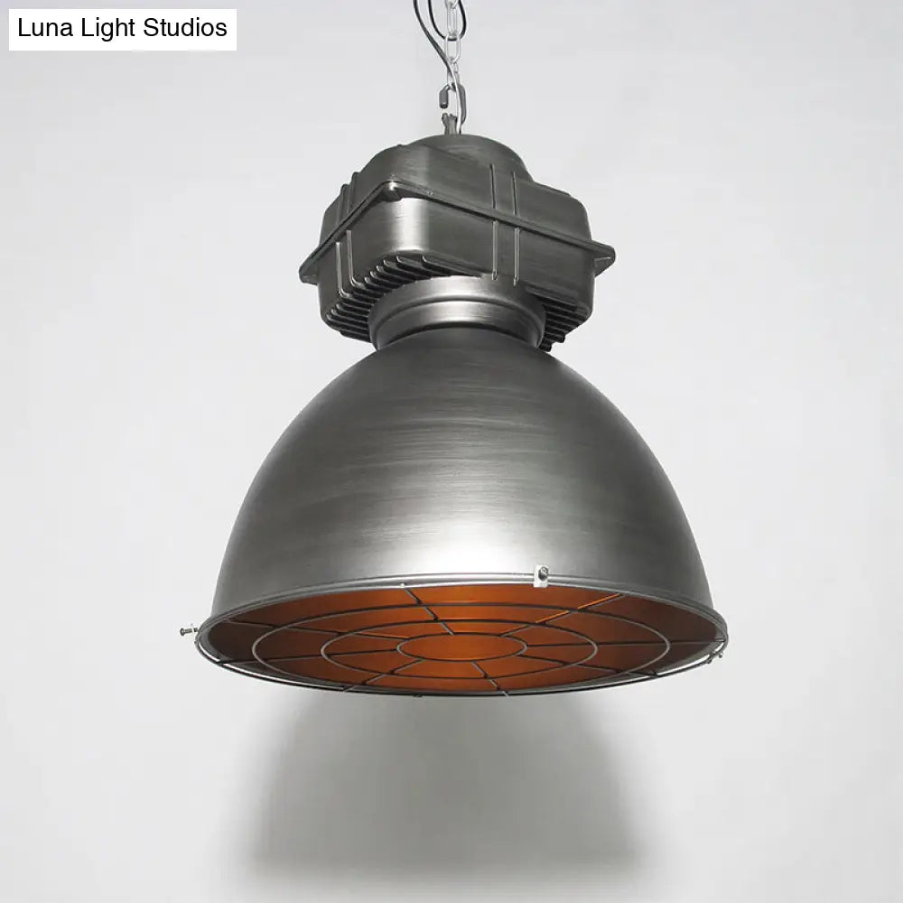 Industrial Dome Pendant Lighting With Metal Mine Light And Wire Cage Silver Gray