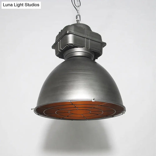 Industrial Dome Pendant Lighting With Metal Mine Light And Wire Cage Silver Gray