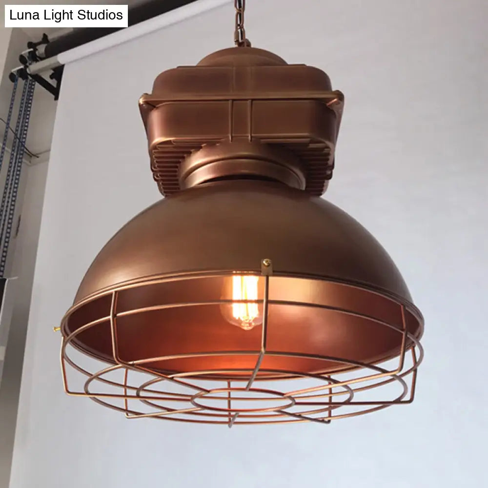 Industrial Dome Pendant Lighting With Metal Mine Light And Wire Cage Weathered Copper
