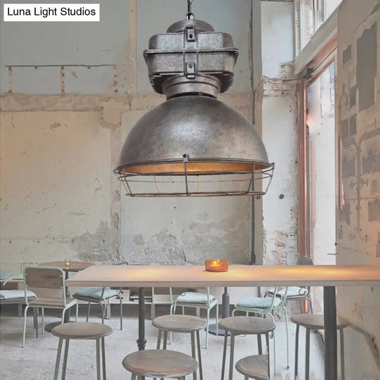 Industrial Dome Pendant Lighting With Metal Mine Light And Wire Cage Aged Silver