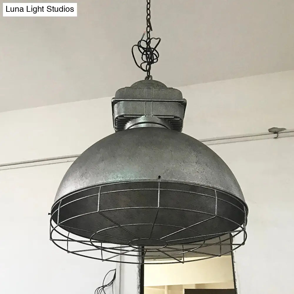 Industrial Dome Pendant Lighting With Metal Mine Light And Wire Cage Textured Silver