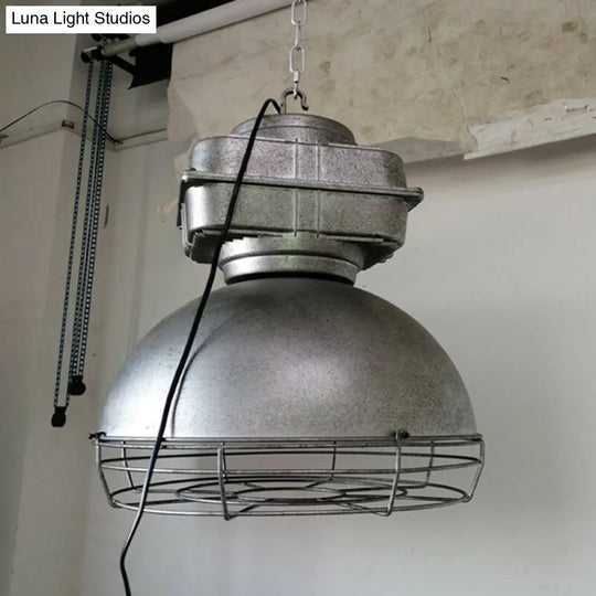 Industrial Dome Pendant Lighting With Metal Mine Light And Wire Cage Silver