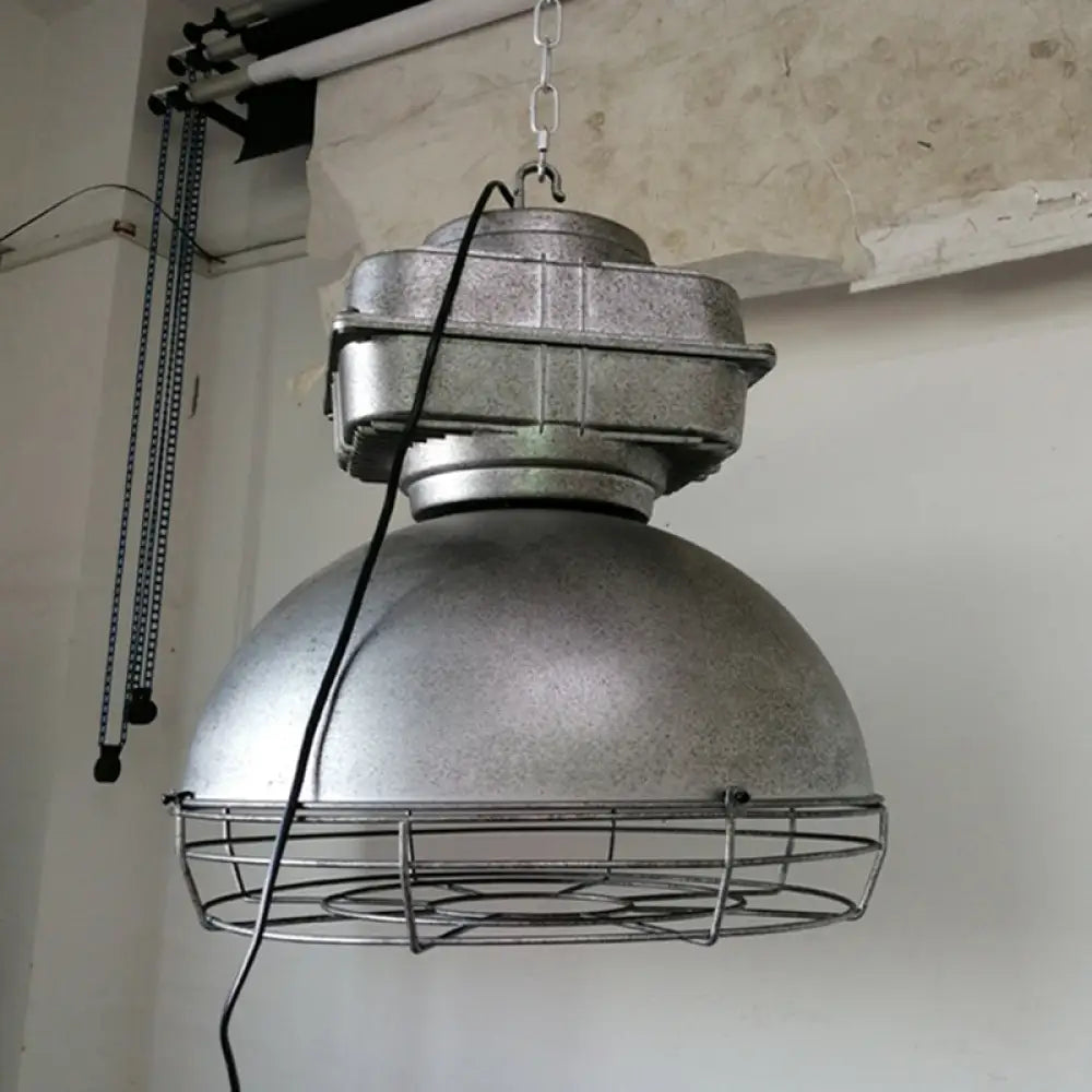 Single Head Industrial Dome Pendant Light With Wire Cage - Metal Mine Lighting Silver