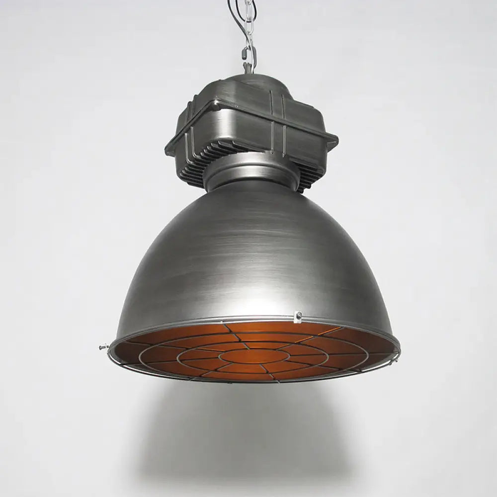 Single Head Industrial Dome Pendant Light With Wire Cage - Metal Mine Lighting Silver Gray