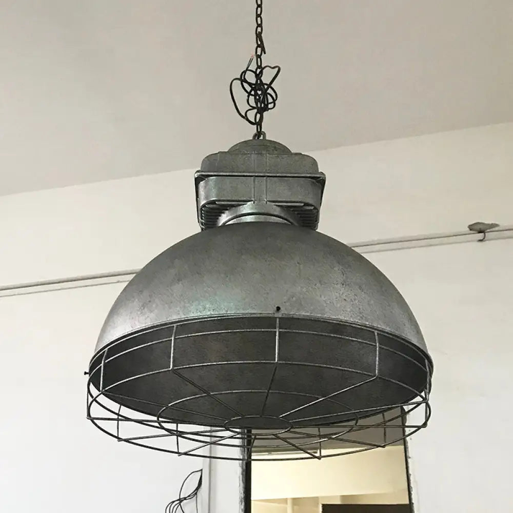 Single Head Industrial Dome Pendant Light With Wire Cage - Metal Mine Lighting Textured Silver