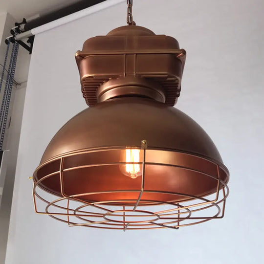 Single Head Industrial Dome Pendant Light With Wire Cage - Metal Mine Lighting Weathered Copper