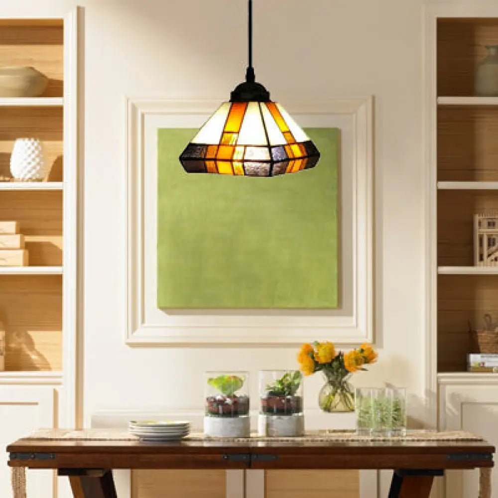 Single Light Tiffany Stained Glass Pendant Lamp For Dining Room - Geometric Brown Fixture