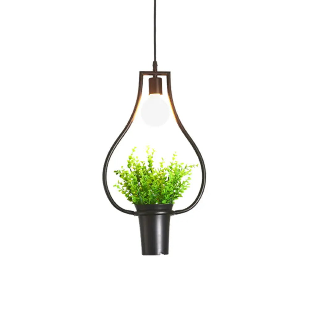 Single Plant Pendant Light Fixture - Rustic Iron Hanging Lamp In Black (Triangle/Square/Oval) / Oval