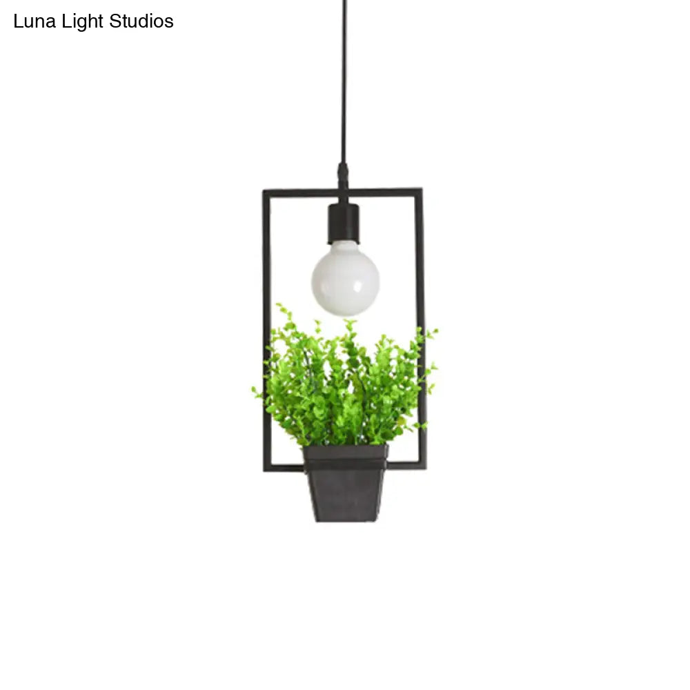 Rustic Triangle/Square/Oval Iron Plant Pendant Lighting Fixture In Black / Rectangle
