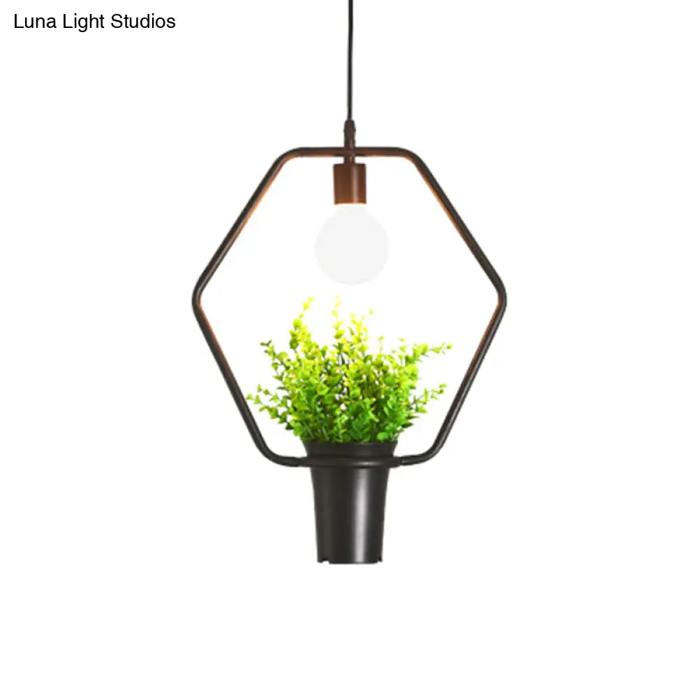 Rustic Triangle/Square/Oval Iron Plant Pendant Lighting Fixture In Black / Hexagon
