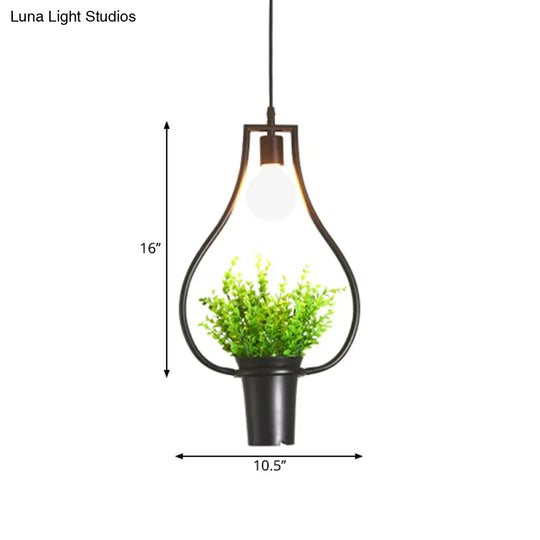 Rustic Triangle/Square/Oval Iron Plant Pendant Lighting Fixture In Black