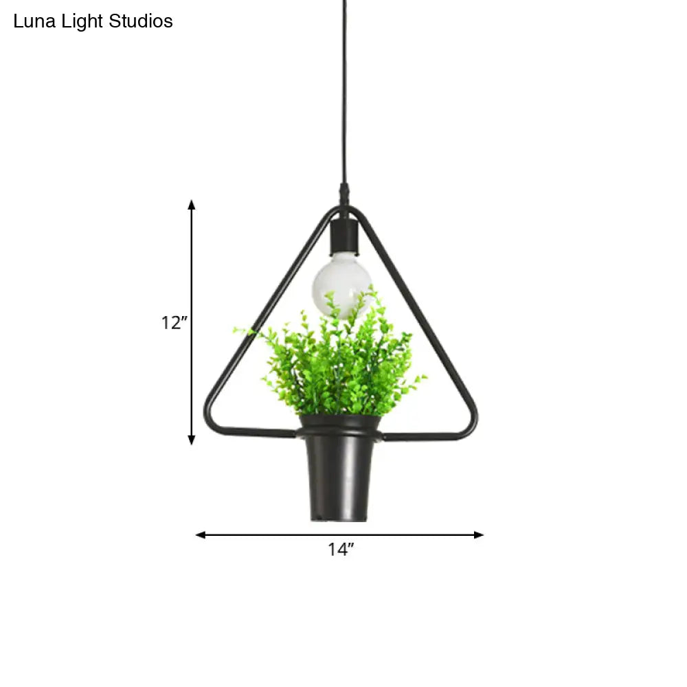 Rustic Triangle/Square/Oval Iron Plant Pendant Lighting Fixture In Black
