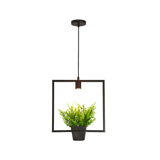 Single Plant Pendant Light Fixture - Rustic Iron Hanging Lamp In Black (Triangle/Square/Oval) /