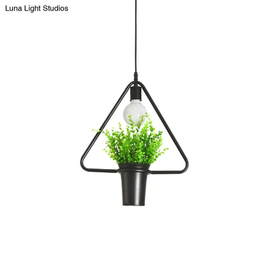 Rustic Triangle/Square/Oval Iron Plant Pendant Lighting Fixture In Black / Triangle