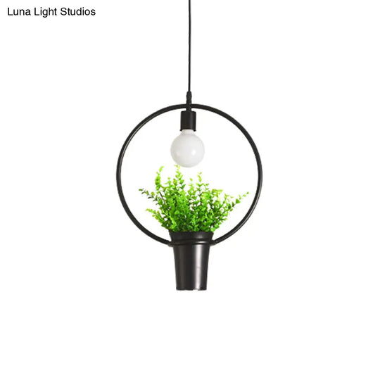 Rustic Triangle/Square/Oval Iron Plant Pendant Lighting Fixture In Black / Round