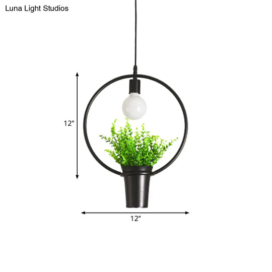Single Plant Pendant Light Fixture - Rustic Iron Hanging Lamp In Black (Triangle/Square/Oval)