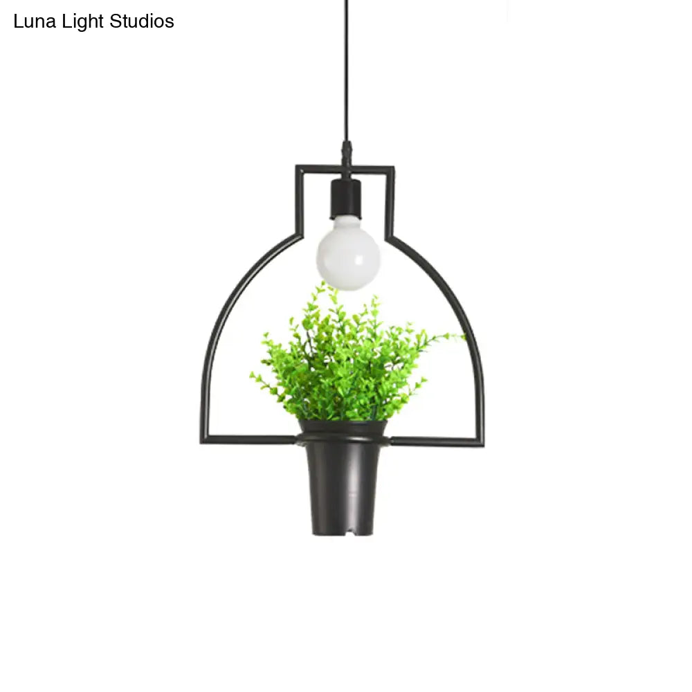 Single Plant Pendant Light Fixture - Rustic Iron Hanging Lamp In Black (Triangle/Square/Oval)