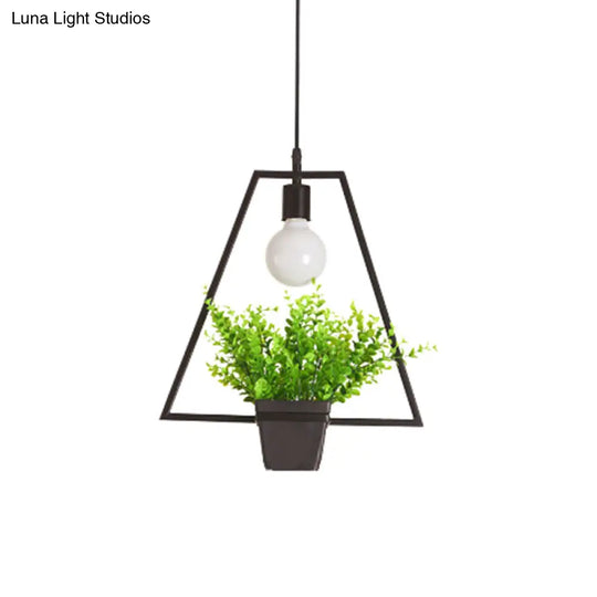 Rustic Triangle/Square/Oval Iron Plant Pendant Lighting Fixture In Black / Trapezoid