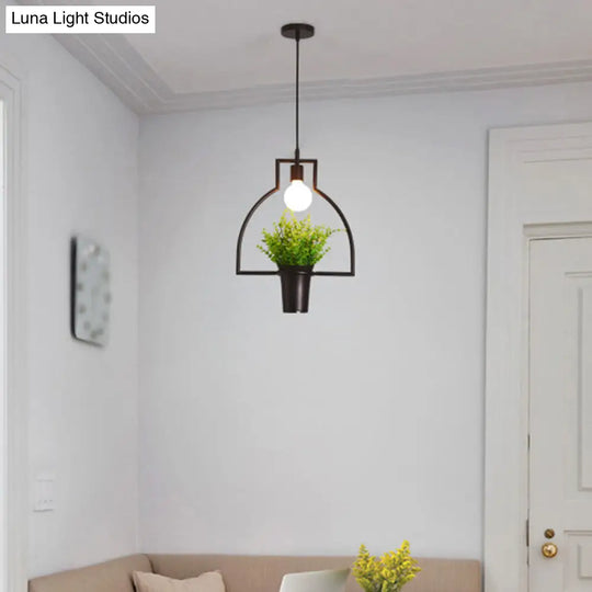 Rustic Triangle/Square/Oval Iron Plant Pendant Lighting Fixture In Black / Semicircle