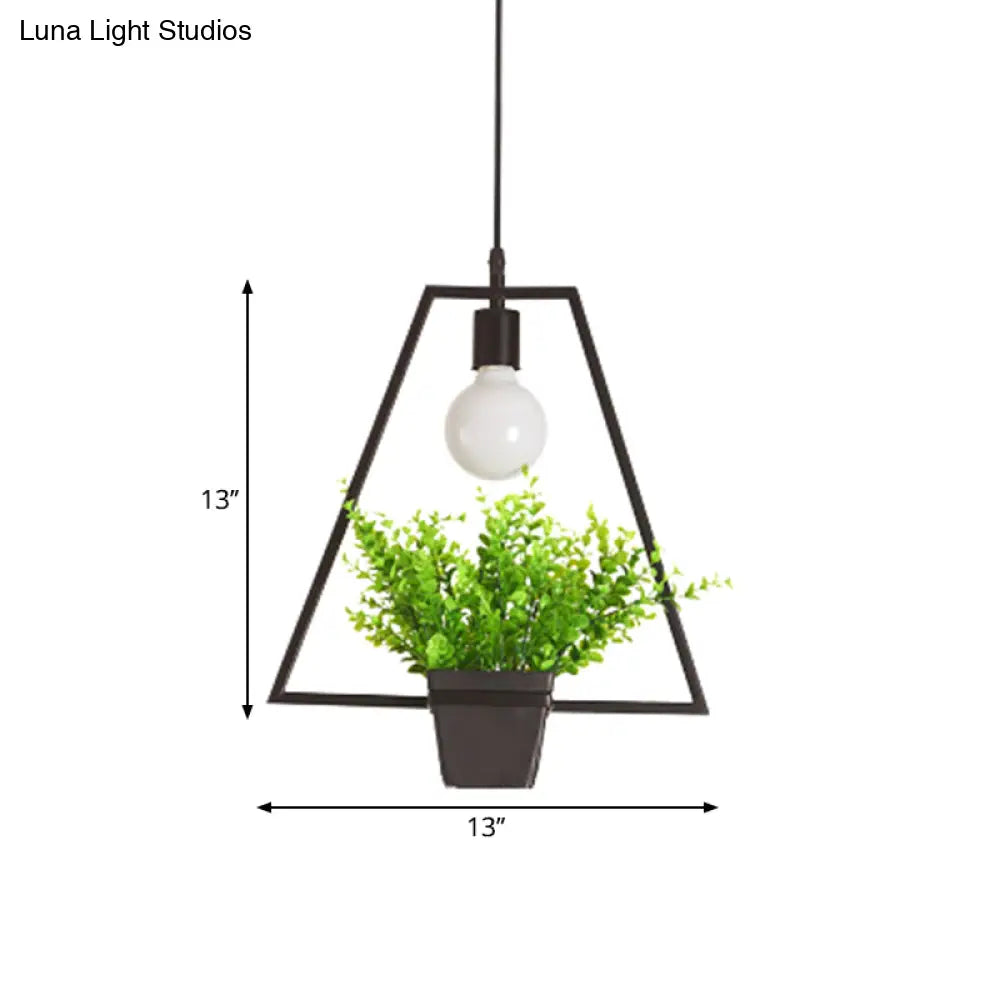 Single Plant Pendant Light Fixture - Rustic Iron Hanging Lamp In Black (Triangle/Square/Oval)