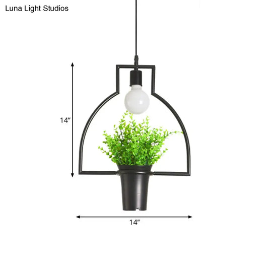 Rustic Triangle/Square/Oval Iron Plant Pendant Lighting Fixture In Black