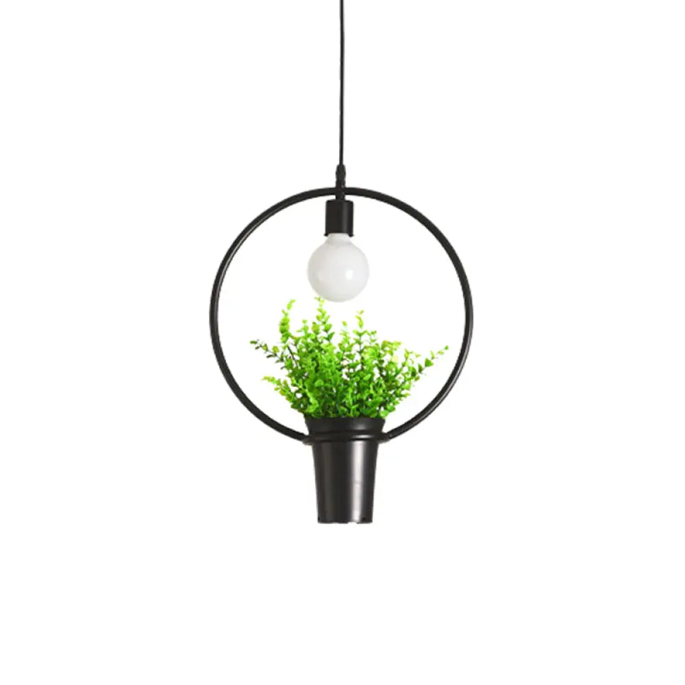 Single Plant Pendant Light Fixture - Rustic Iron Hanging Lamp In Black (Triangle/Square/Oval) /