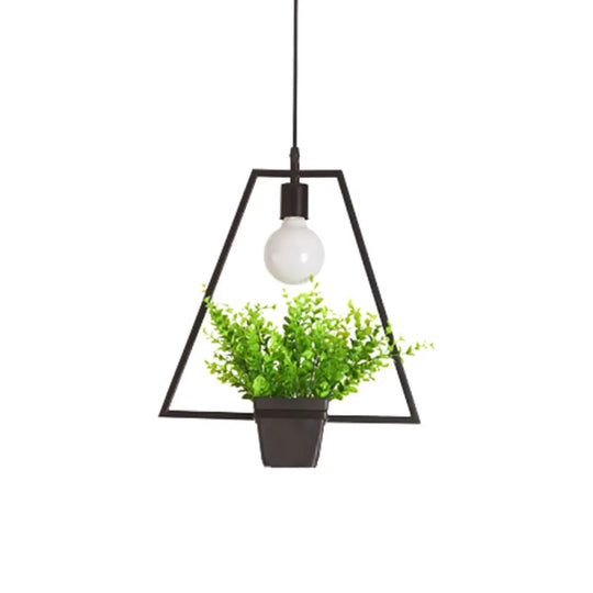 Single Plant Pendant Light Fixture - Rustic Iron Hanging Lamp In Black (Triangle/Square/Oval) /