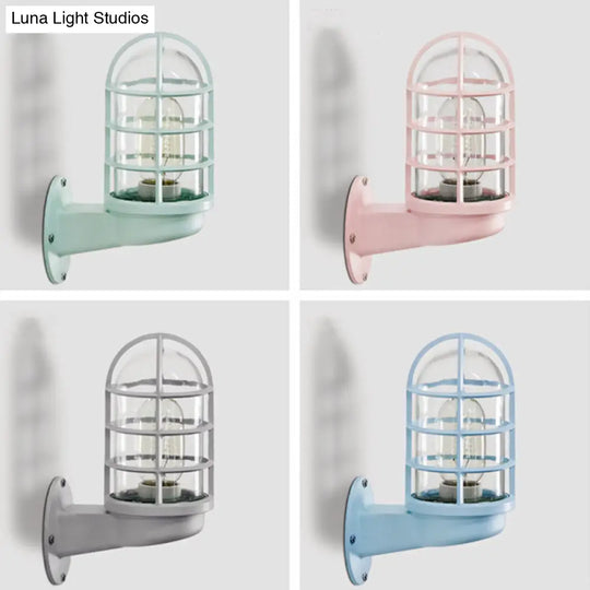 Single Transparent Glass Wall Lamp With Wire Cage - Loft Capsule In Pink/Blue/Rust