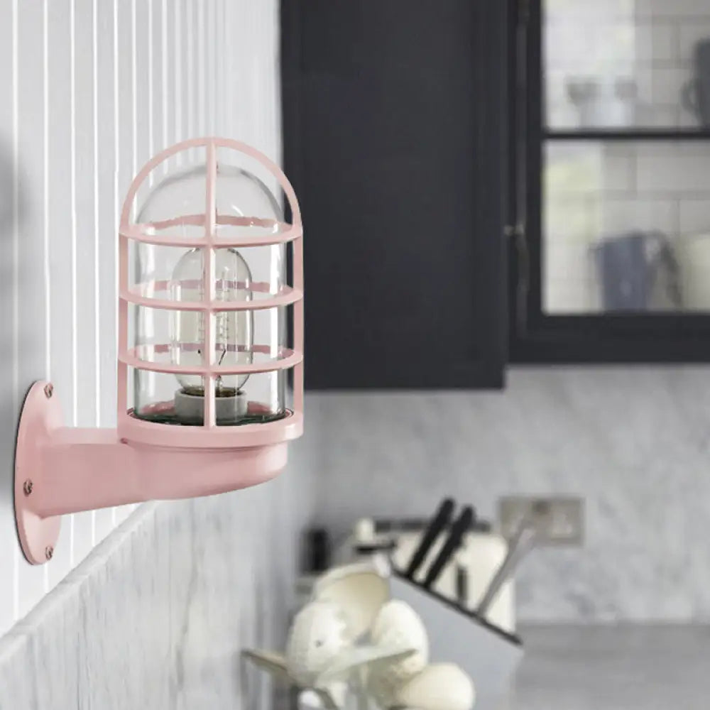 Single Transparent Glass Wall Lamp With Wire Cage - Loft Capsule In Pink/Blue/Rust Pink