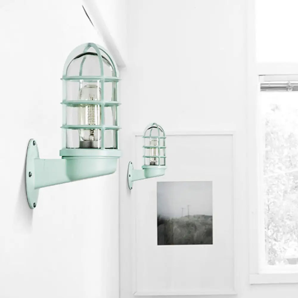 Single Transparent Glass Wall Lamp With Wire Cage - Loft Capsule In Pink/Blue/Rust Green