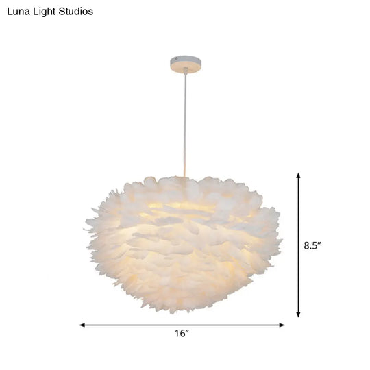 Feather Domed Pendant Light - White Single Ceiling Lamp For Dining Room (12/16 W)