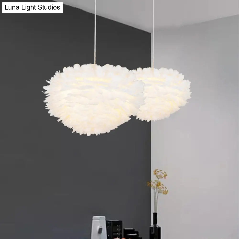 Feather Domed Pendant Light - White Single Ceiling Lamp For Dining Room (12/16 W) / 12