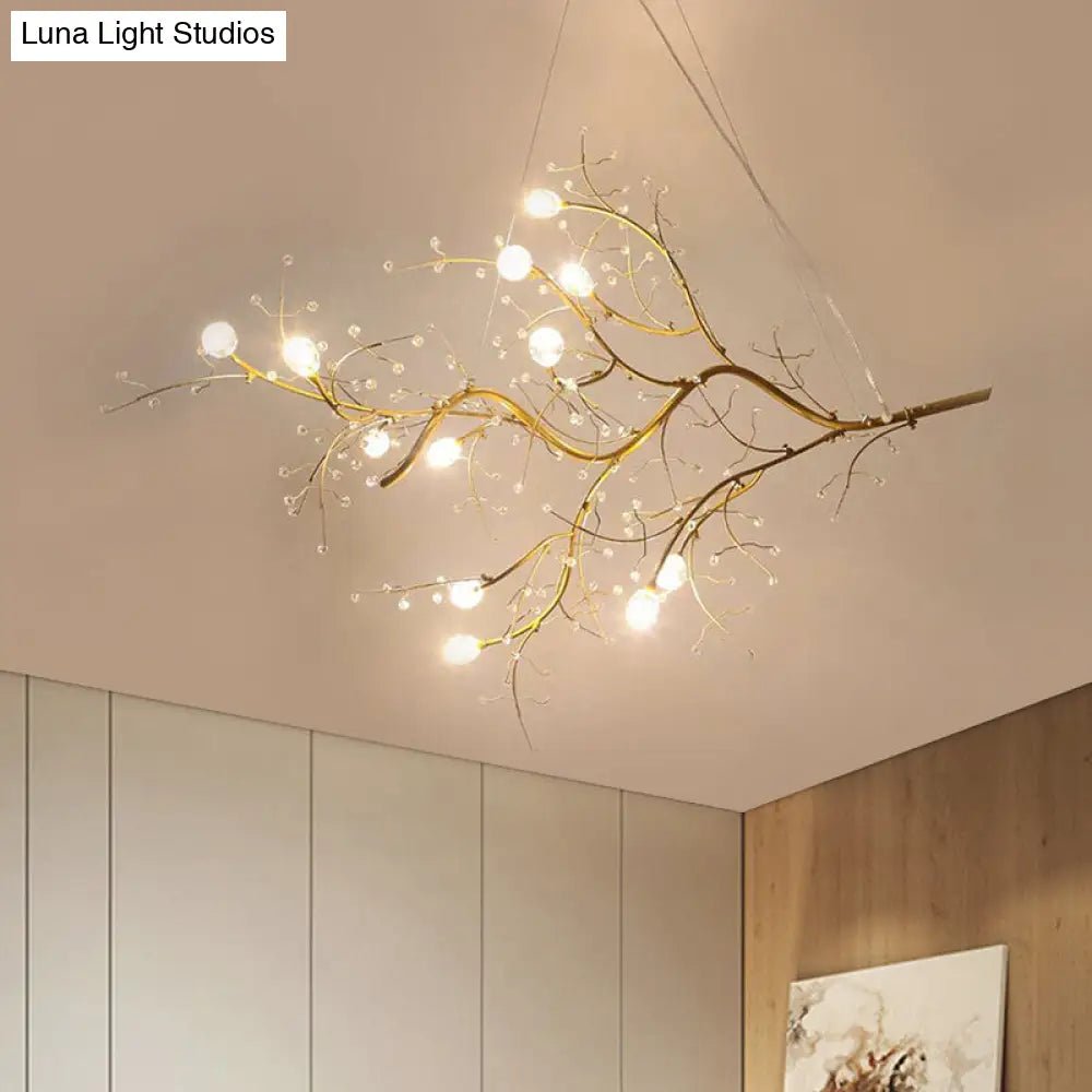 Romantic Crystal Bead Chandelier: Metallic Thin Branch Design 10 Lights For Boutique