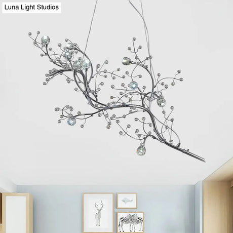 Situla - Metallic Thin Branch Chandelier With Crystal Bead 10 Lights Romantic Suspension Light For