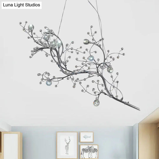 Romantic Crystal Bead Chandelier: Metallic Thin Branch Design 10 Lights For Boutique Silver