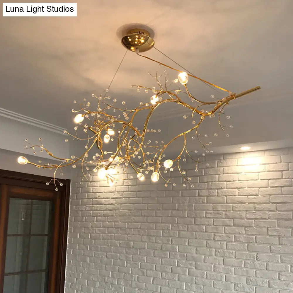 Romantic Crystal Bead Chandelier: Metallic Thin Branch Design 10 Lights For Boutique Gold