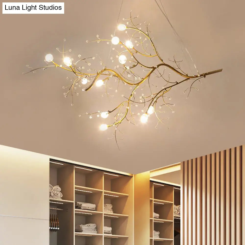 Situla - Metallic Thin Branch Chandelier With Crystal Bead 10 Lights Romantic Suspension Light For