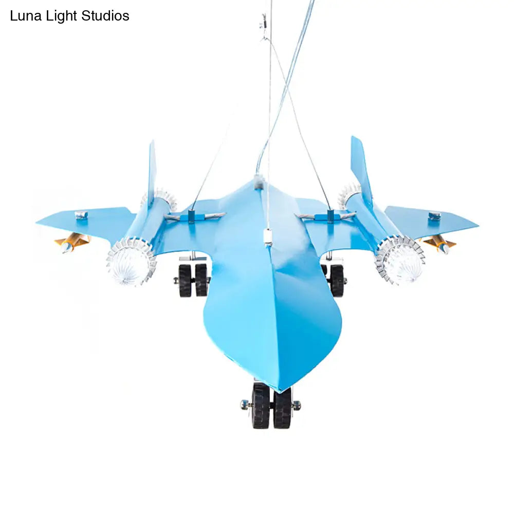 Sky Blue Cartoon Kids Metal Pendant Light For Plane-Themed Kindergarten Game Room