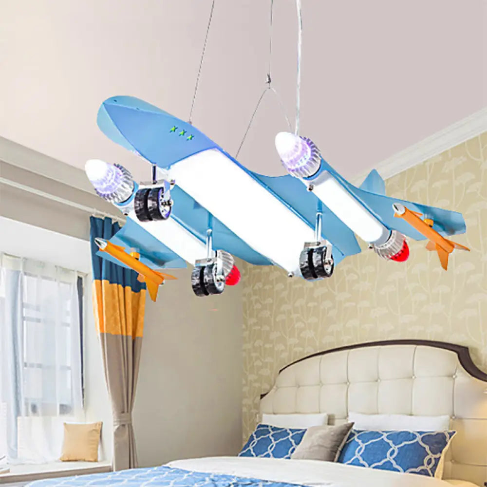 Sky Blue Cartoon Kids Metal Pendant Light For Plane-Themed Kindergarten Game Room