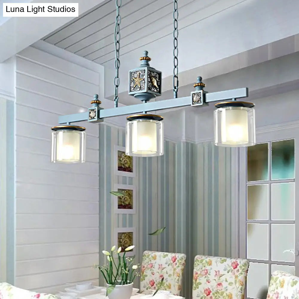 Sky Blue Dual Cylinder Parlor Island Pendant Lamp With Clear And Frosted Glass - 3 Bulbs