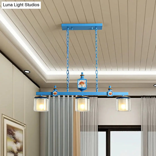 Sky Blue Dual Cylinder Parlor Island Pendant Lamp With Clear And Frosted Glass - 3 Bulbs