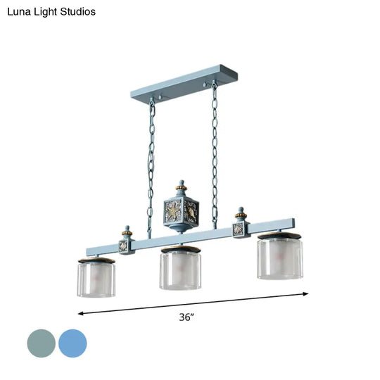 Sky Blue Dual Cylinder Parlor Island Pendant Lamp With Clear And Frosted Glass - 3 Bulbs