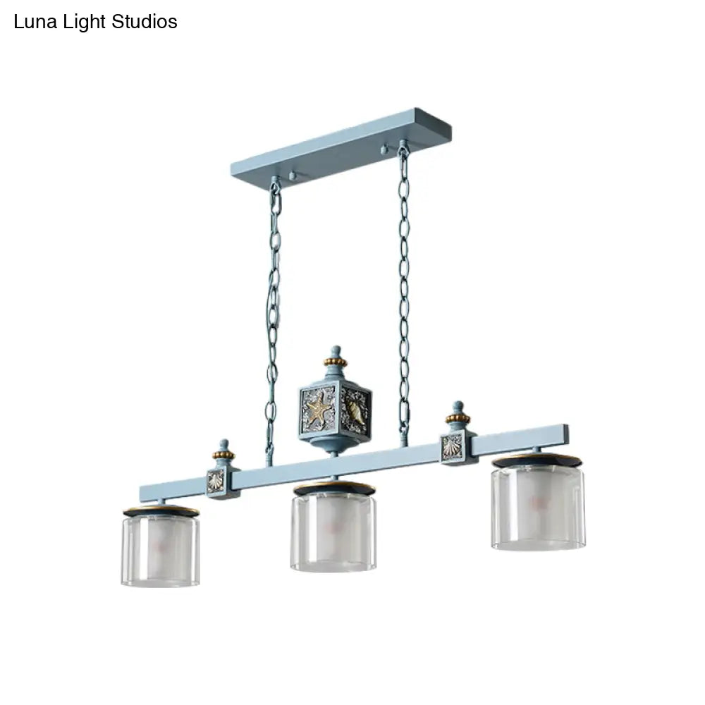 Sky Blue Dual Cylinder Parlor Island Pendant Lamp With Clear And Frosted Glass - 3 Bulbs