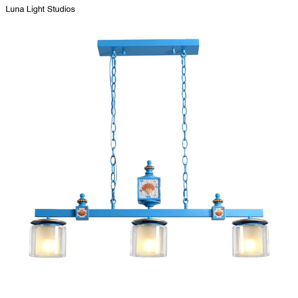 Sky Blue Dual Cylinder Parlor Island Pendant Lamp With Clear And Frosted Glass - 3 Bulbs