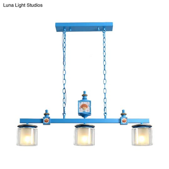 Sky Blue Dual Cylinder Parlor Island Pendant Lamp With Clear And Frosted Glass - 3 Bulbs