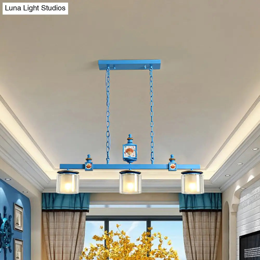 Sky Blue Dual Cylinder Parlor Island Pendant Lamp With Clear And Frosted Glass - 3 Bulbs