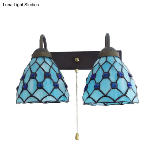 Sky Blue Glass Bowl Sconce Light Fixture - Mediterranean Style 1 Head Wall With Pull Chain