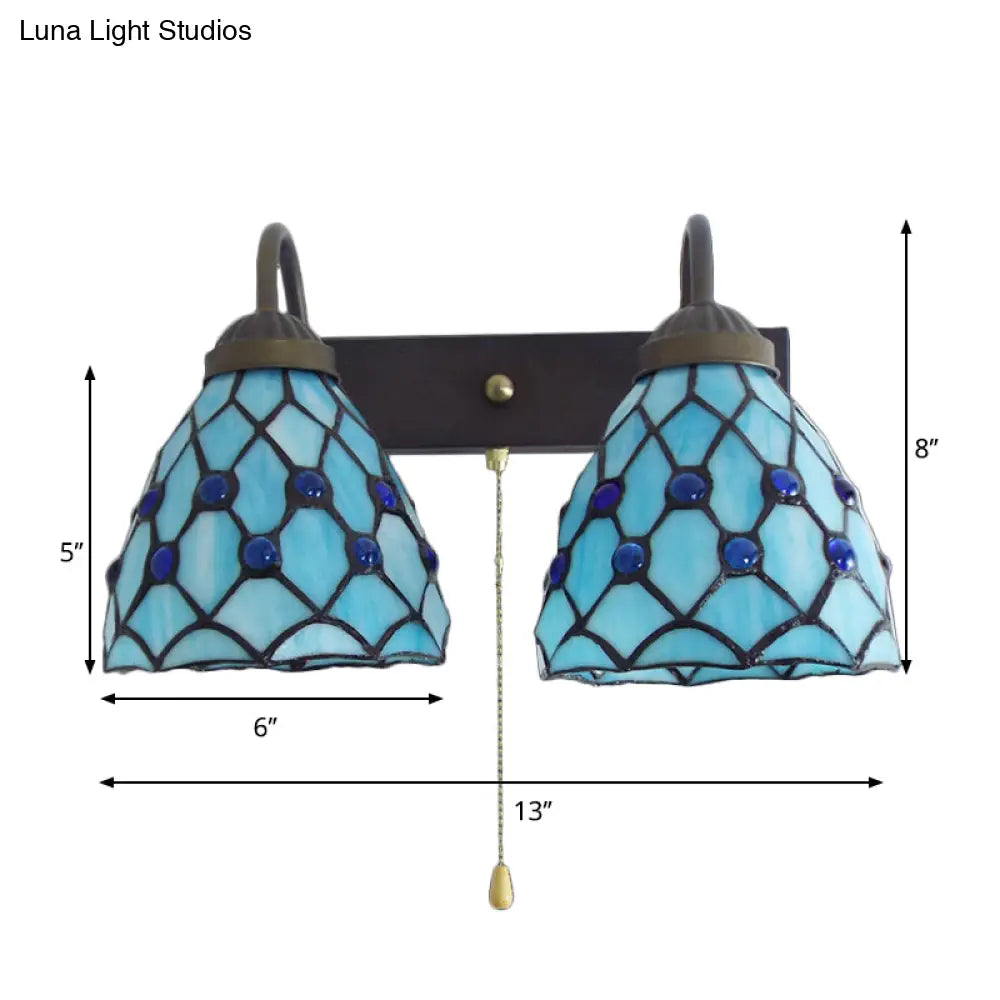 Sky Blue Glass Bowl Sconce Light Fixture - Mediterranean Style 1 Head Wall With Pull Chain